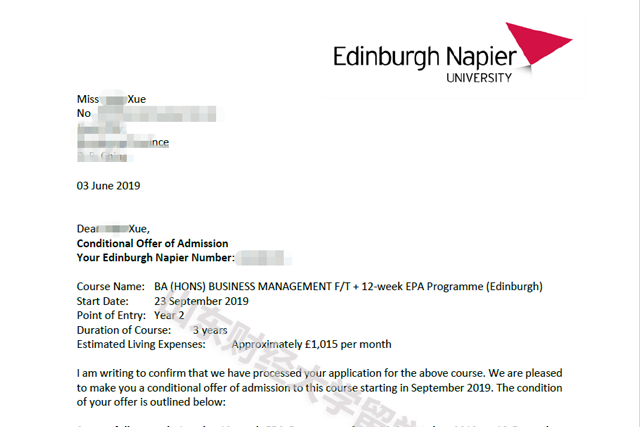 薛同学爱丁堡龙比亚大学录取通知书